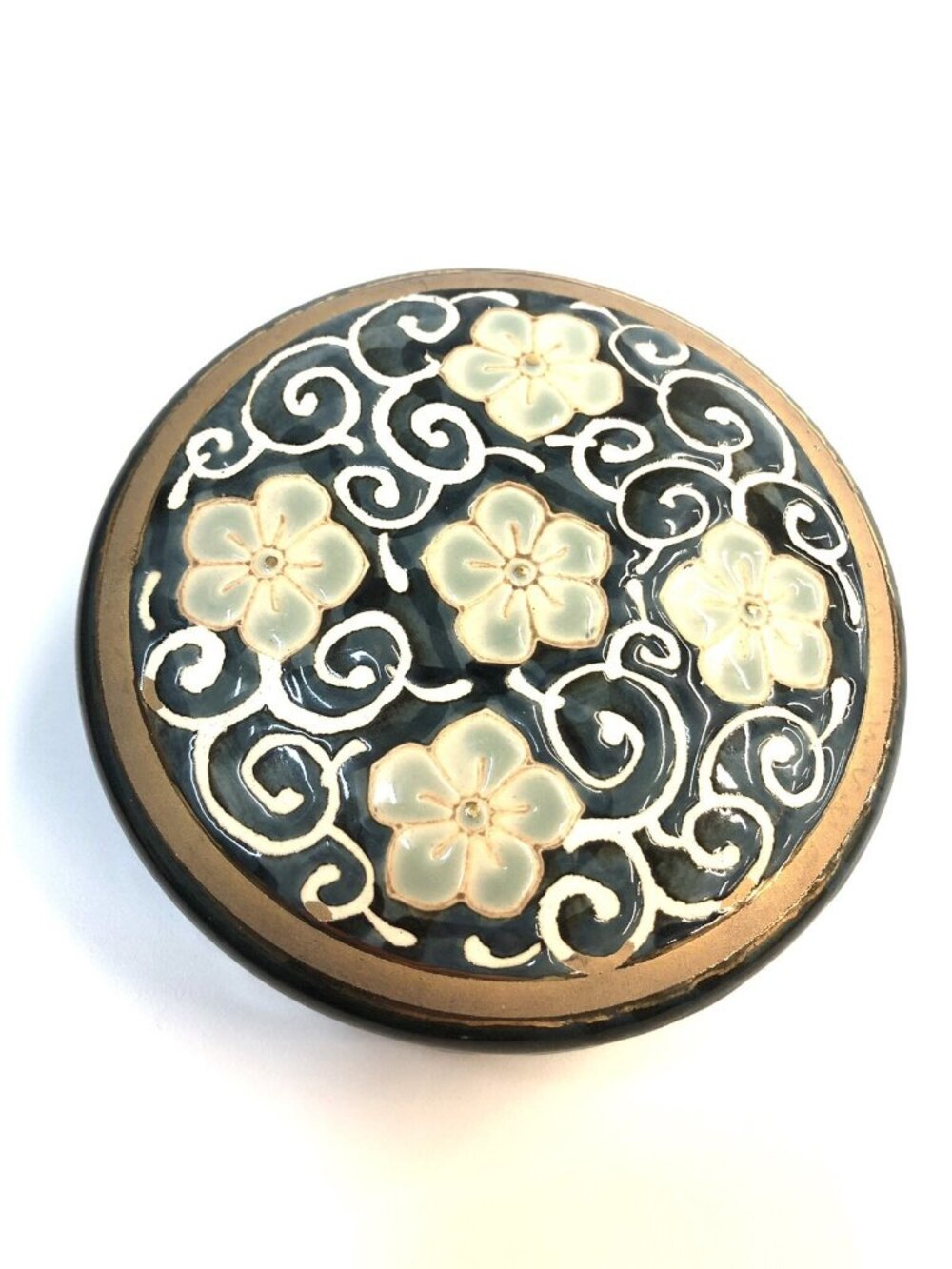 Arita Trinket Box Blue Floral White Scrolling Ceramic Jewelry Beads Storage 4”